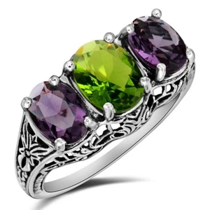 2CT Natural Amethyst & Peridot 925 Solid Sterling Silver Filigree Ring Sz 7 XB3 - Picture 1 of 4