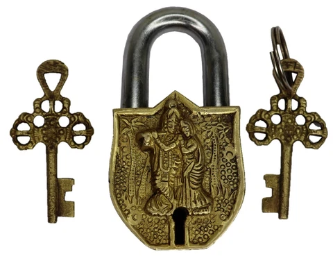 Radha Krishna Design Vintage Antique Style Padlock Handcrafted Brass Door Lock Cover