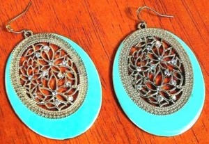 Forever 21 Teal Oval Rhinestone Earrings - Iridescent Boho Dangle Jewelry - Picture 1 of 5