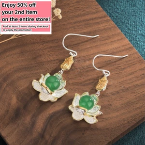 Jade Ohrhänger Ohrringe Lotusblüte Edelstein Boho 18K Weißgold vergoldet - Bild 1 von 8