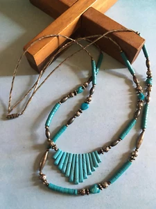 Beau Collier Amérindien Double Rang à Frange Turquénite Turquoise Cuivre Argenté - Bild 1 von 9