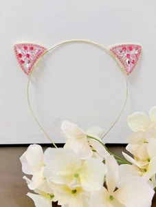 Crystal Cat Ear Headband, Costume Party, Gold Headdress, Halloween Pink Crown - Picture 1 of 8