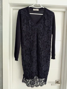 Valentino Floral Lace Navy Blue Wool Silk Cashmere Midi Dress Top Blouse Medium - Picture 1 of 15