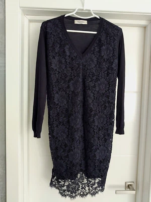 Valentino Floral Lace Navy Blue Wool Silk Cashmere Midi Dress Top Blouse Medium - Image 1 of 4