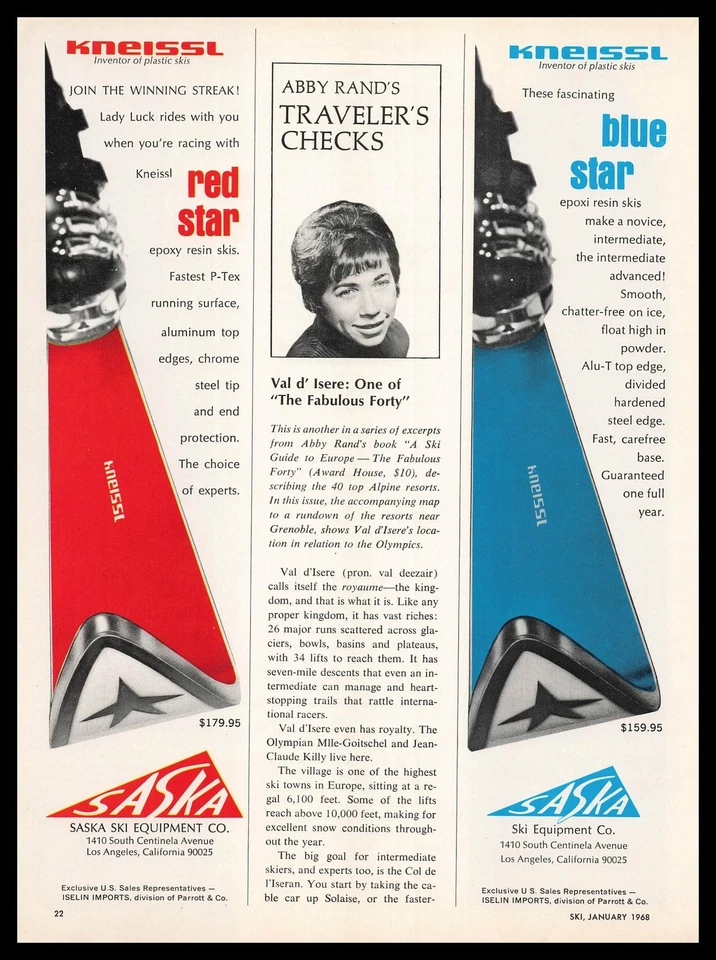 1968 Kneissl Los Angeles CA Red Blue Star Esquís para Nieve Resina Epoxi Anuncio Impreso De Colección Foto 1 de 1