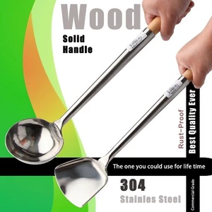 Commercial Grade 304 Stainless Steel Wok Spatula Ladle Wood Handle 16" Long USA - Picture 1 of 11