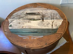 Vtg Winter House Painting on Primitive Wood Cheese Box 16"x7" Linda Beiggs '82 - Picture 1 of 11