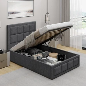 OTTOMAN STORAGE GAS LIFT UP SINGLE SMALL DOUBLE 4FT6 KING SIZE FABRIC BED FRAME - Picture 1 of 32