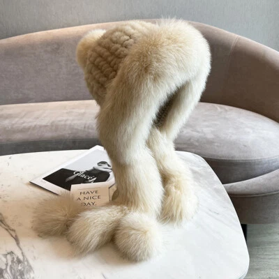 Conjunto de bufanda sombrero de piel de visón real para mujer gorros cálidos gorra capa larga cuello raspado Foto 1 de 4