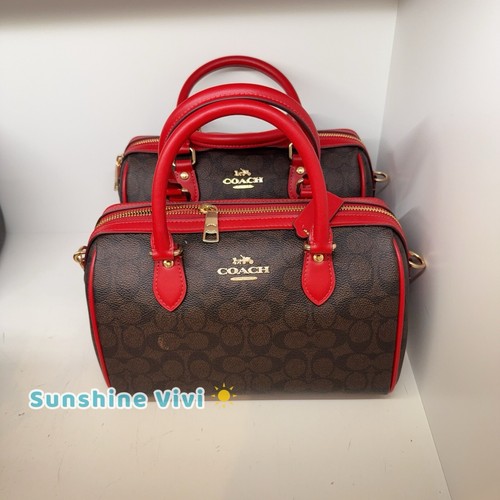 Borsa Coach Rowan nuova con etichetta in tela firmata CV961 noce rosso audace