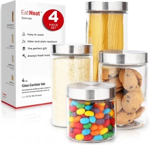 Set of 4 Glass Canisters with Stainless Steel Lids - Sleek Airtight Storage - Picture 1 of 9