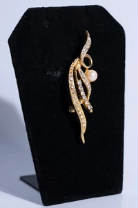 Vintage 18k GP ITY goldfarbene Kristall & Kunstperlen Blattform Anstecknadel Brosche - Bild 1 von 4