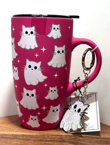 Cobwebs & Cauldrons Ghost Cats Halloween Ceramic Travel Mug with Lid & Keychain - Picture 1 of 10