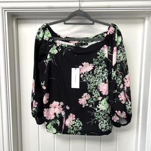 Karen Millen Blouse Women's UK 12 Black Floral 3/4 Sleeve Bardot Top Stretch - Picture 1 of 13