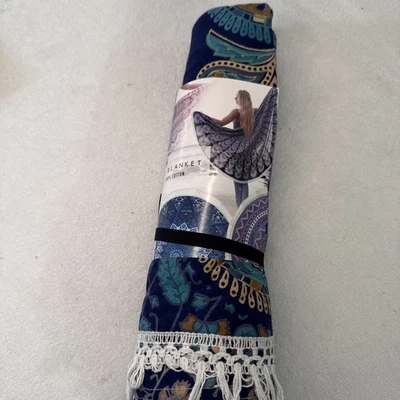 72” Round Throw Blue 100% Cotton Blanket Moroccan Boho Fringed 6' Round New - Image 1 of 4