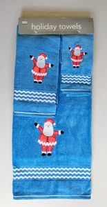 Vintage 2003 Martha Stewart Holiday Santa Towels Set Of 3 Christmas NEW Blue (J1 - Picture 1 of 5