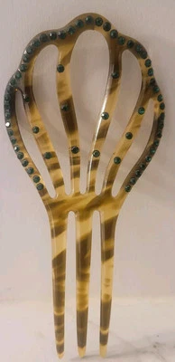 Vintage Celluloid Hair Comb Brown  Tortoise Victorian with Green Rhinestones - Image 1 of 4