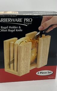 Farberware Natural Wood Bagel Slicer Holder And Offset Knife NEW