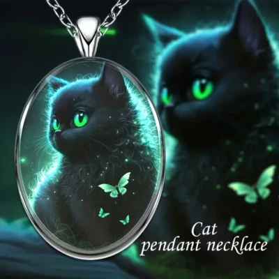 Collar colgante felino gatito plateado vintage joyería ovalada gato mariposa verde Foto 1 de 4