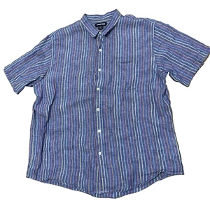 LANDS' END Linen Button Shirt Men L Blue Rainbow Stripe Traditional Preppy 46" - Picture 1 of 21