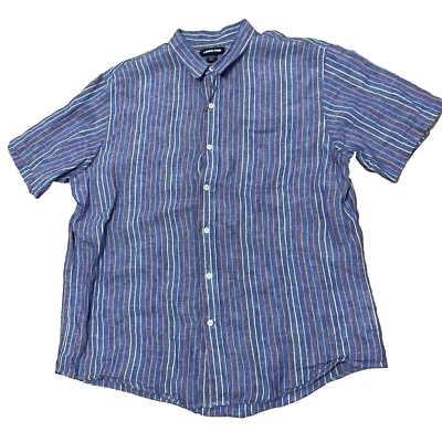 LANDS' END Linen Button Shirt Men L Blue Rainbow Stripe Traditional Preppy 46" - Image 1 of 4