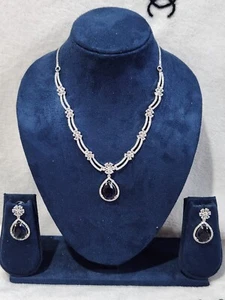 White gold finish Elegance Range blue sapphire Pear cut necklace earrings Set - Picture 1 of 21