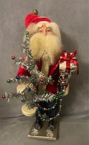 Vintage Santa Claus with Tinsel Christmas Tree and Beaded Garland 15 Inch - Picture 1 of 5