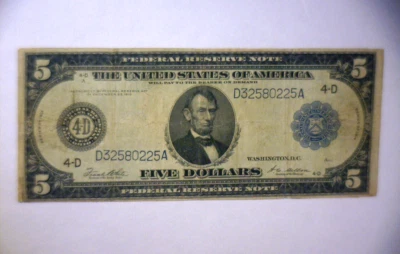 1914 $5 FEDERAL RESERVE NOTE LARGE 4 D, 🌟CLEVELAND OHIO🌟GREAT ARTWORK/NICE🌟 - Image 1 of 4