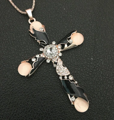 Collar Suéter Colgante Cruz Llama Grande Esmalte Estrás Cristal Ópalo Beige Foto 1 de 3