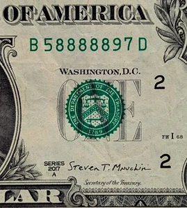 2017 A $1 bill fancy serial, five in a row/of a kind 8s, B 58888897 D - Picture 1 of 3