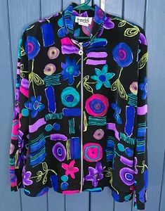 Vintage Floral Abstract Zip Up Fashion Jacket Top Large Y2K Bold Art To Wear - Picture 1 of 5