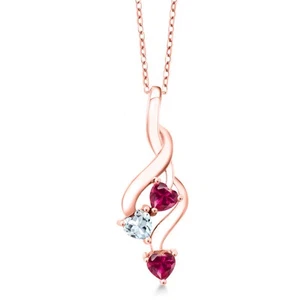 0.85 Ct Created Ruby Aquamarine 18K Rose Gold Plated Silver Pendant with Chain - Picture 1 of 4