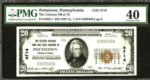HI GRADE CITIZENS NB&T POTTSTOWN PA $20! VIVID COLOR, PREMIUM PAPER, NOT 1 FOLD! - Picture 1 of 2