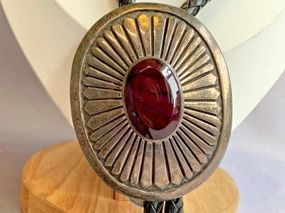 Sterling Silver Signed Jackson Bolo Tie 42" Jewelry Red Marbled Stone *READ* - Изображение 1 из 4