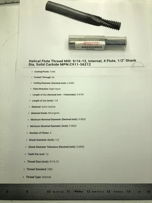 NEW ACCUPRO Helical Flute Thread Mill: 9/16-12, Internal, 4 Flute 1/2 Shank - Image 1 of 3