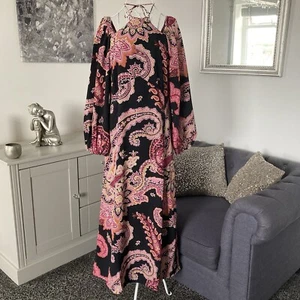 Black & Pink Paisley Halter Cold Shoulder Long Sleeve Side Split Maxi Dress 10 T - Picture 1 of 16