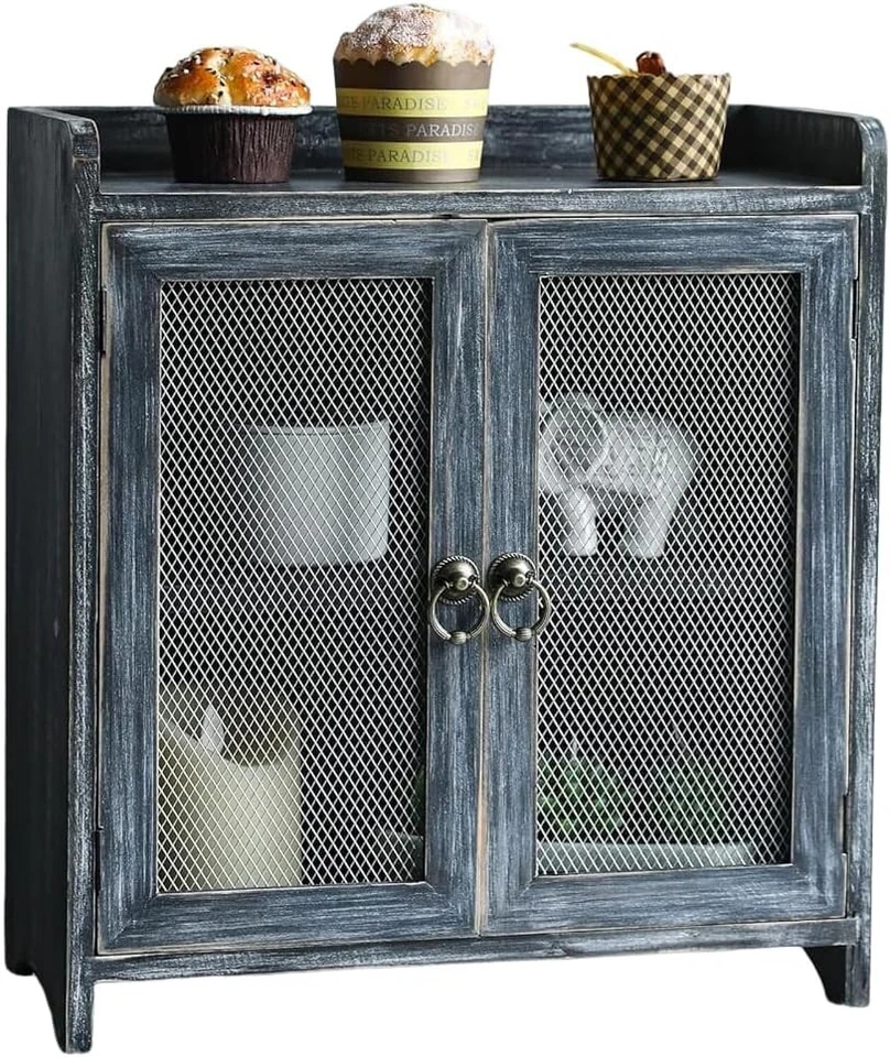 Mini gabinete de almacenamiento de madera de encimera con puerta magnética - diseño gris envejecido Foto 1 de 4