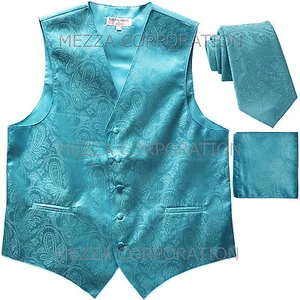 New Men's Polyester Paisley Tuxedo Vest 2.5" Skinny Necktie set Turquoise blue - Picture 1 of 4