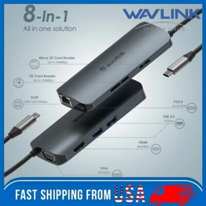 Wavlink USB C Hub 8in1 USB C Adapter 65W Laptop HUB/HDMI/VGA/Ethernet/microSD/SD - Picture 1 of 15
