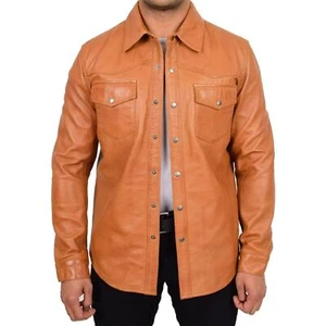 Piel Hombre Clásico Camisa Occidental Con Cuero Genuino Cordero Camisas Marrón - Imagen 1 de 4