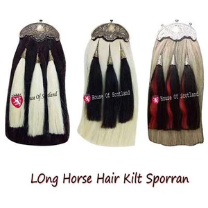 Scottish Piper Black Leather Kilt Sporran Horse Hair Brass Thistle Crest Cantle - Picture 1 of 5