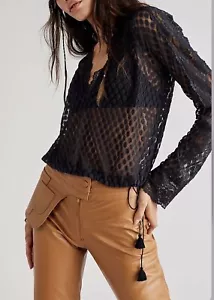 Free People Veronica Lace Top Black Size XS long sleeved - Picture 1 of 8