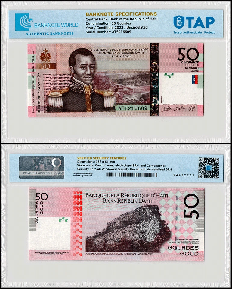 Haití 50 Gourdes, 2023, P-274h, Conmemorativo UNC, Autenticado Foto 1 de 1
