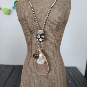 NWT Charm Necklace 28" Ball Chain Rhinestone Bead Washer Rose Gold Teardrop - Picture 1 of 5