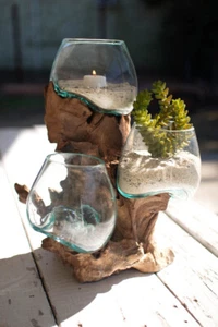 Triple Planter Terrarium Driftwood Wood Blown Glass - Picture 1 of 3