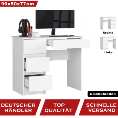 MARKENLOS Computertisch Schreibtisch 90cm 4 Schubladen Rechts/Links Weiß HADES