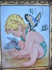 Old Vintage Child Butterflies Portrait Painting Porcelain Plaque & Antique Frame