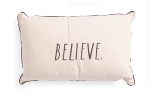 Rae Dunn BELIEVE Pillow Piped Edge Linen Blend Hidden Zipper Embroidered 14x22 - Picture 1 of 4