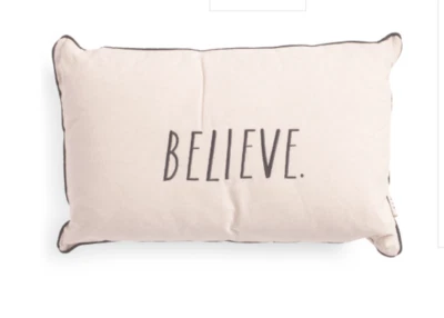 Rae Dunn BELIEVE Pillow Piped Edge Linen Blend Hidden Zipper Embroidered 14x22 - Image 1 of 4