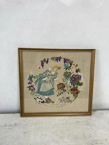 Vintage Embroidered Picture Floral Girl Dog Gallery Wall Art Needle Point - Picture 1 of 8